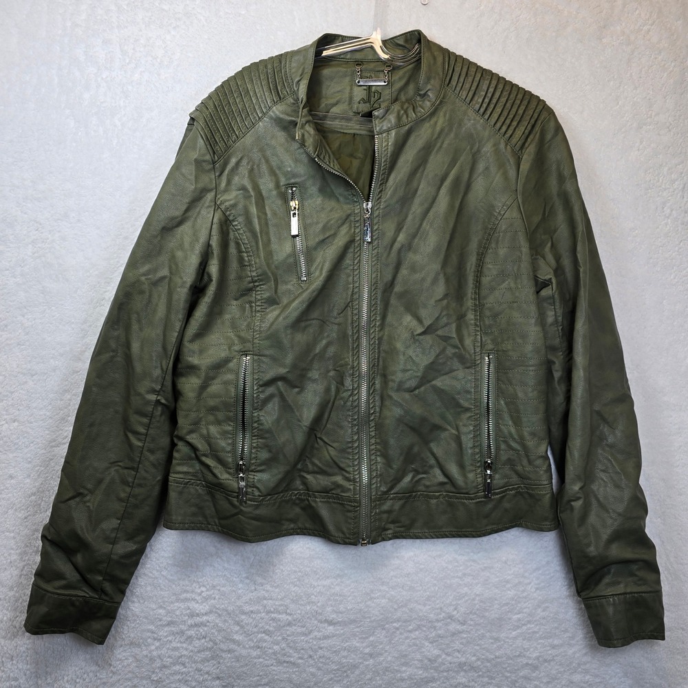 J2 Green Faux‎ Leather Moto Jacket JUNIORS XL Punk Streetwear Lagenlook Baddie